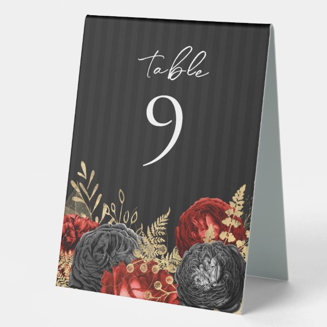 Gothic Red and Black Floral Wedding Tischnummer Tischaufsteller (Vorderseite)