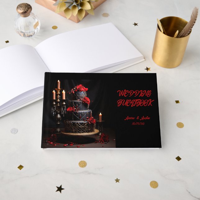 Gothic Red and Black Wedding Cake and Candles Gästebuch (Vorderseite Offen)