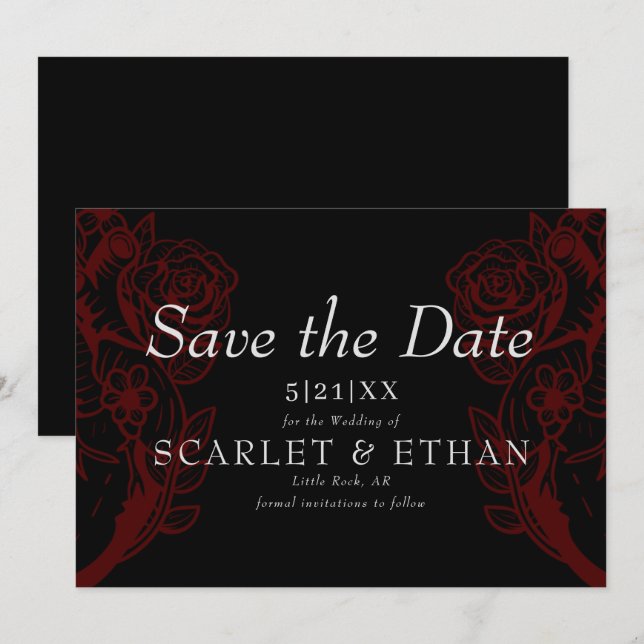 Gothic Red & Black Floral Heart Modern Wedding Sav Save The Date (Vorne/Hinten)