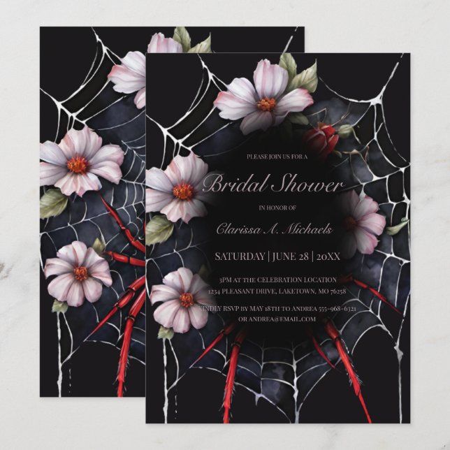 Gothic Red & Black Floral Spider Web-Brautparty Einladung (Vorne/Hinten)