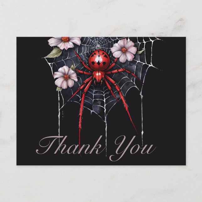 Gothic Red & Black Floral Spiderweb Thank You Postkarte (Vorderseite)