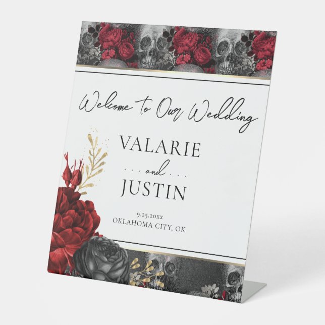 Gothic Red Black Floral Welcome Wedding Sockelschild (Vorderseite)
