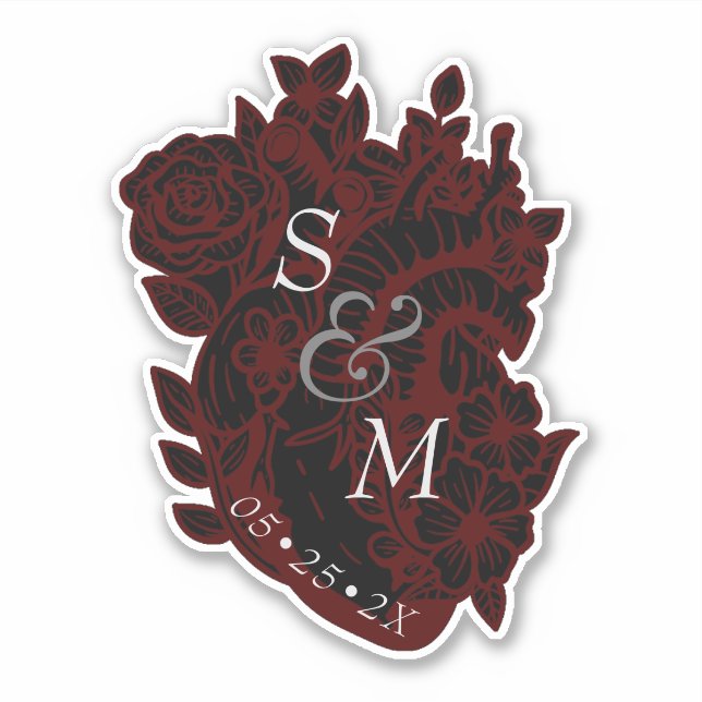 Gothic Red & Black Heart Blume Hochzeitsticker Aufkleber (Vorderseite)
