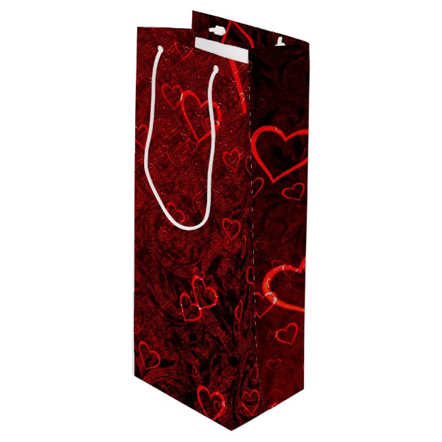 Gothic Red Black Hearts Geschenktüte Für Weinflaschen (Vorderseite Schrägansicht)