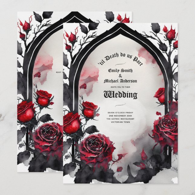 Gothic Red Black Rose bis zum Tod machen uns Teil Einladung (Vorne/Hinten)