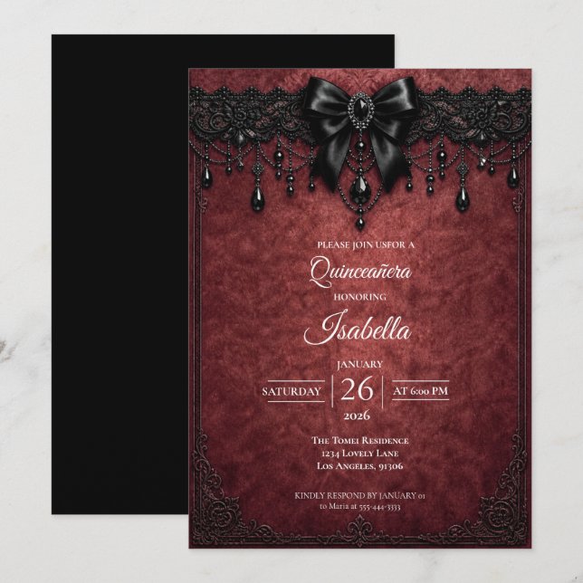 Gothic Red Bow Perlen Quinceañera Einladung (Vorne/Hinten)