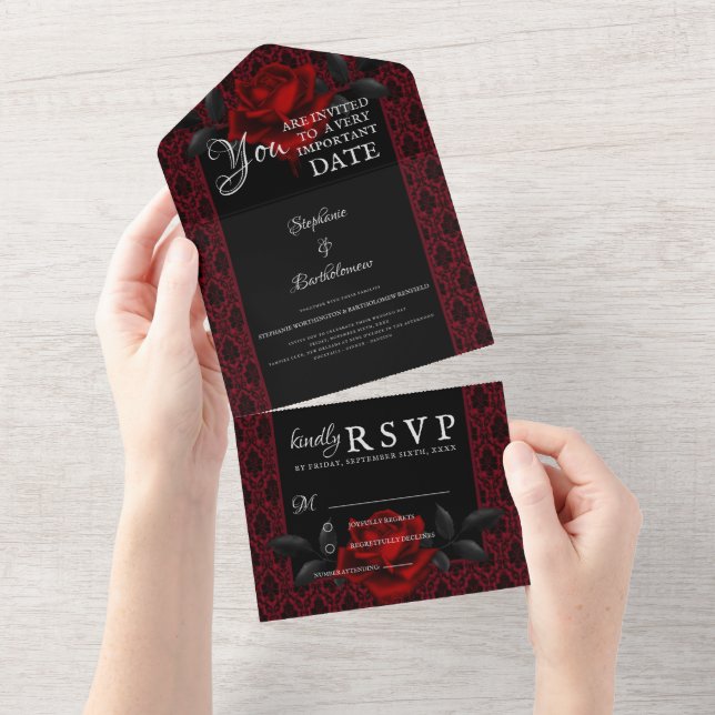 Gothic Red Damask Rose Wedding All In One Einladung (Abreißen)