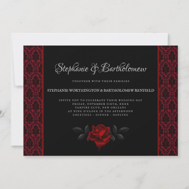 Gothic Red Damask Rose Wedding Invitation Einladung (Vorderseite)