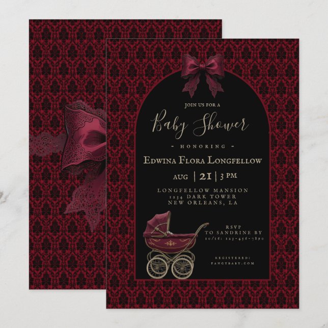 Gothic Red Damask Victorian Pram Baby Shower Einladung (Vorne/Hinten)