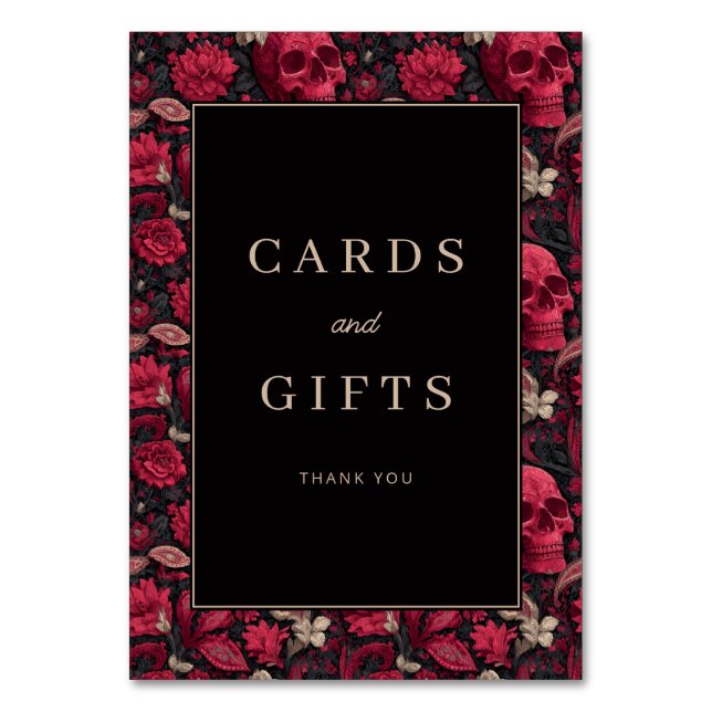 Gothic Red Floral Skulls Border Tischnummer (Vorderseite)