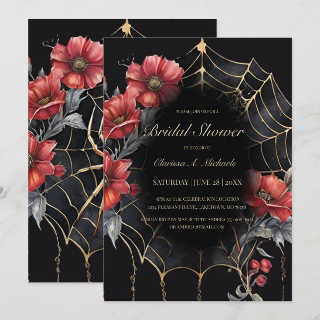 Gothic Red & Gold Floral Spider Web-Brautparty Einladung (Vorne/Hinten)