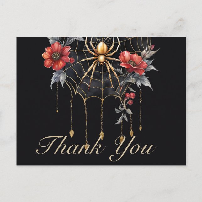 Gothic Red & Gold Floral Spiderweb Vielen Dank Postkarte (Vorderseite)