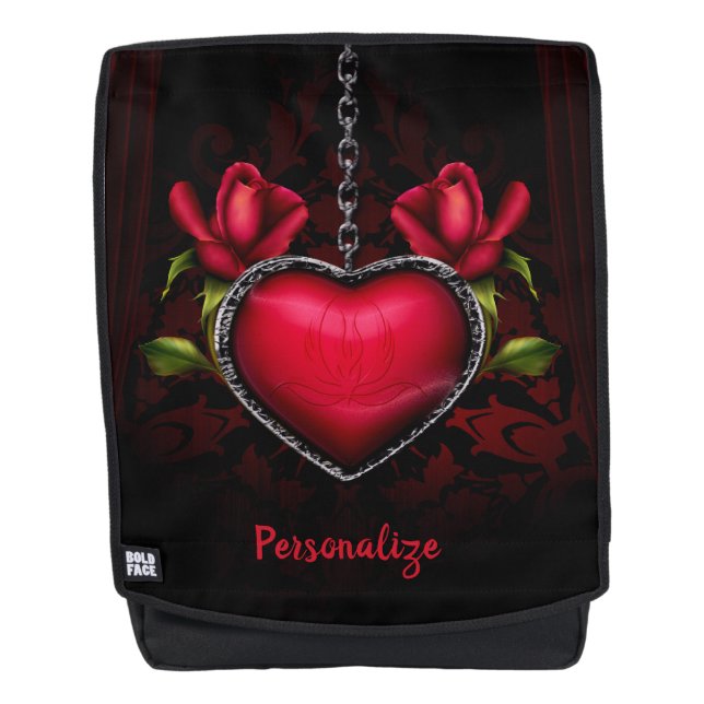 Gothic Red Heart & Rose Personalisieren Rucksack (Vorderseite)