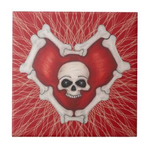 Gothic Red Heart with Bones Skull in Centre Spiral Fliese