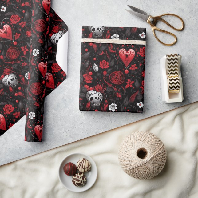 Gothic Red Hearts and Roses  Geschenkpapier (Basteln)