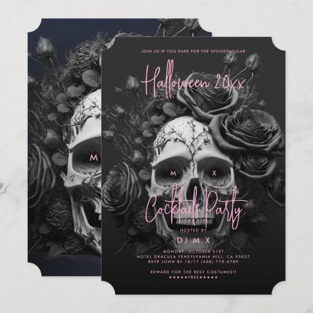 Gothic Retro Adult Halloween-Party Skull Pink Einladung (Vorne/Hinten)
