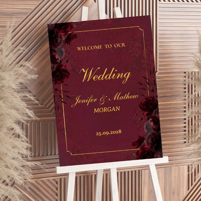 Gothic Romance Burgundy Roses Elegant Welcome Sign Poster (Von Creator hochgeladen)