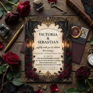 Gothic Romance Dark Academia & Rote Rosen Hochzeit Einladung
