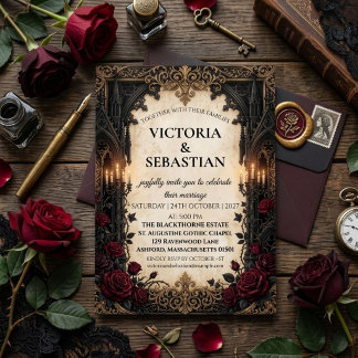 Gothic Romance Dark Academia & Rote Rosen Hochzeit Einladung