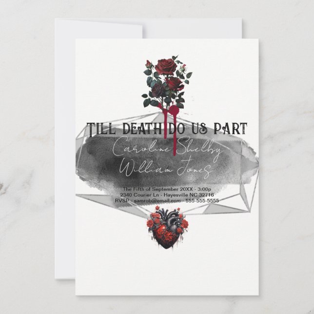 Gothic Rose Black Red Heart Blood Tropfen Einladung (Vorderseite)