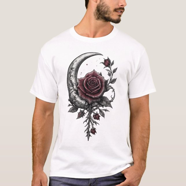 Gothic Rose Crescent Moon Dark Floral Artwork T-Shirt (Vorderseite)