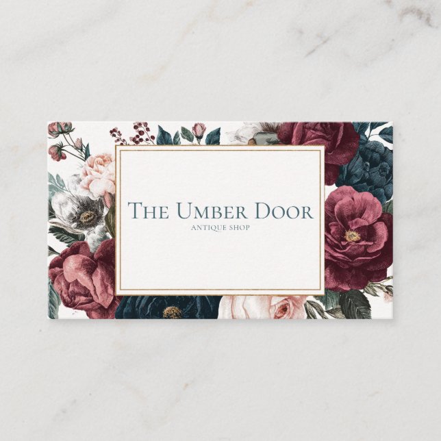 Gothic Rose Floral Burgundy and Navy Gold Frame Visitenkarte (Vorderseite)