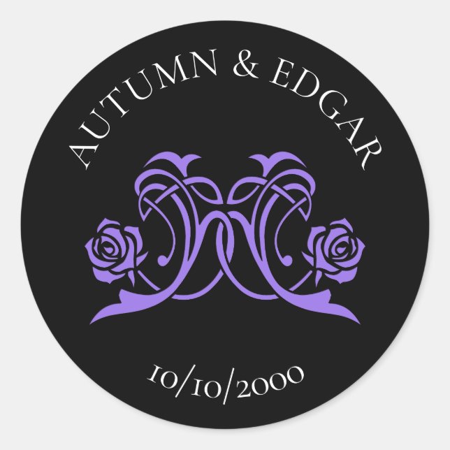 Gothic Rose Purple Black Wedding Runder Aufkleber (Vorderseite)