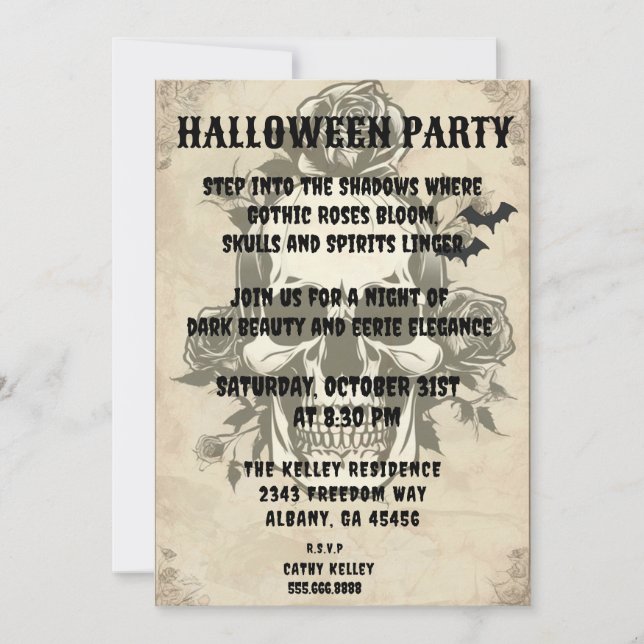 Gothic Rose Skull Invitation - Vintages Halloween  Einladung (Vorderseite)