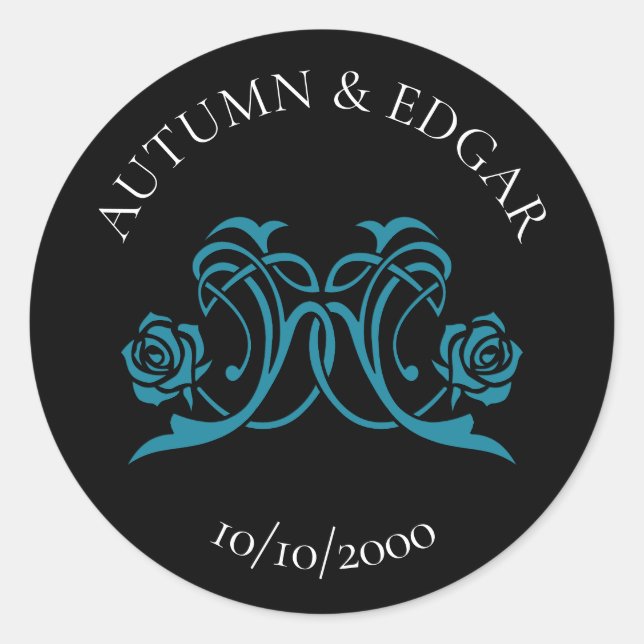 Gothic Rose Teal Black Wedding Runder Aufkleber (Vorderseite)