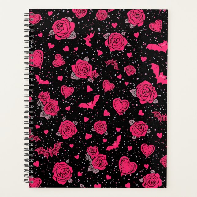 Gothic Roses & Fledermäuse Muster | Hot Pink Dark  Planer (Vorderseite)