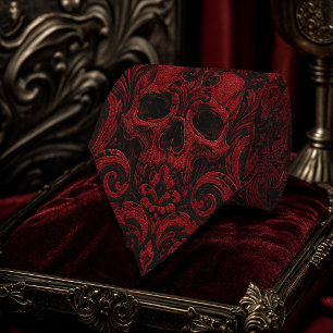 Gothic Rot & Schwarzes Totenkopf-Damaskus Nahtlose Krawatte