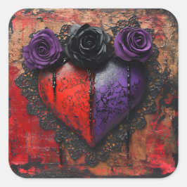 Gothic Rot und Lila Herz mit Blume Quadratischer Aufkleber