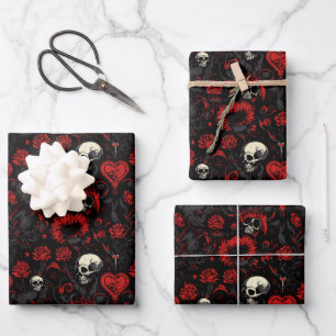 Gothic Rote Herzen Schwarze Blumen und Totenköpfe Geschenkpapier Set