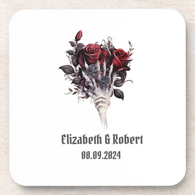 Gothic Rote Rosen Skeleton Wedding Getränkeuntersetzer (Vorderseite)