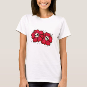 Gothic rote Totenkopfblumen T-Shirt