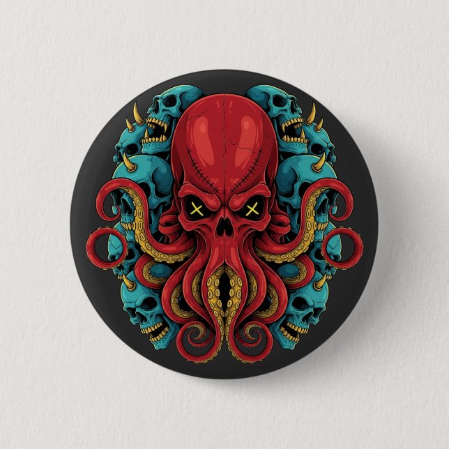 Gothic Roter Oktopus Blaue Schädel Button (Vorderseite)