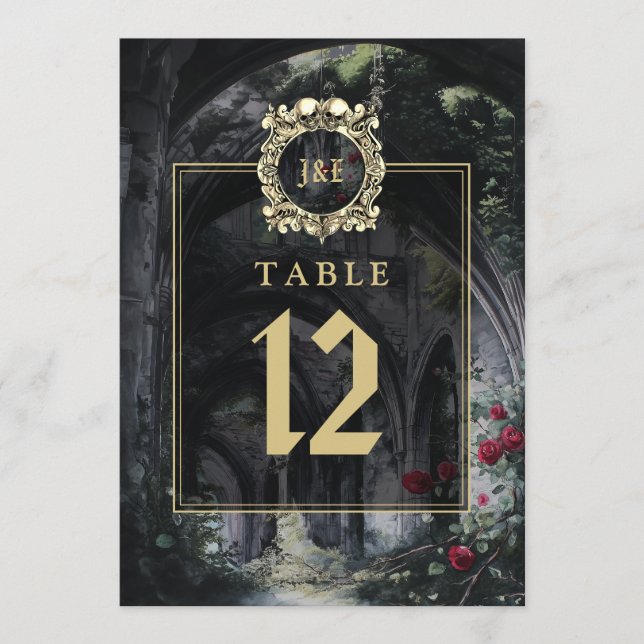 Gothic Ruins Floral Monogram Table Number Einladung (Vorderseite)