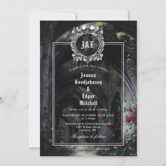 Gothic Ruins Monogram All In One QR Code Wedding Einladung (Vorderseite)