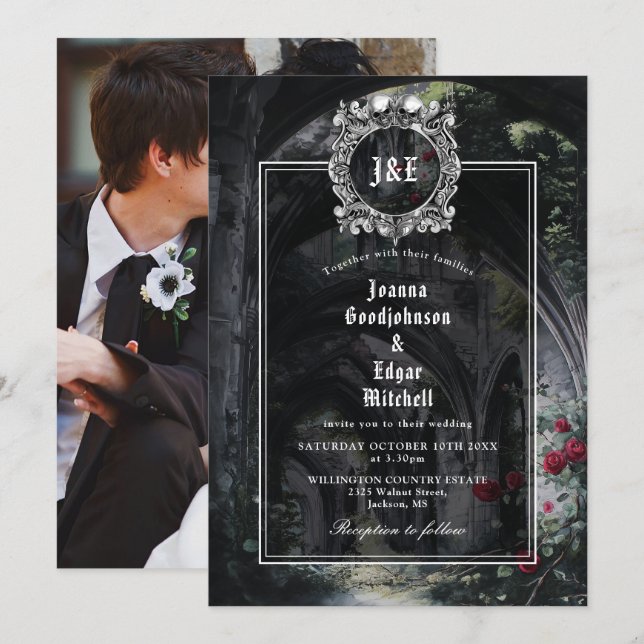 Gothic Ruins Roses Floral Monogram Photo Wedding Einladung (Vorne/Hinten)