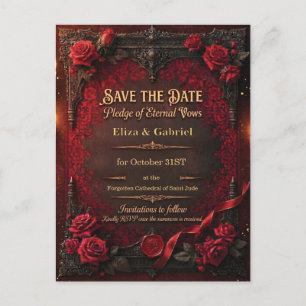 Gothic Save-the-Date mit roter Rose und Wachssiege Einladungspostkarte