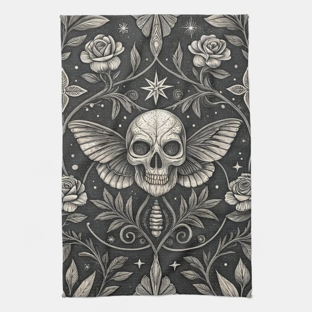 Gothic-Schädel-Blumen-Himmelsmuster (1) Geschirrtuch (Vertikal)