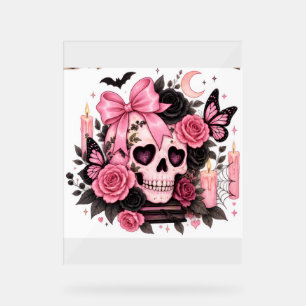 Gothic-Schädel-Coquette Halloween mit rosa Schleif Acrylschild