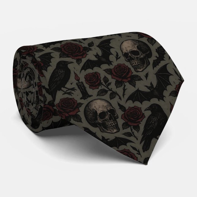 Gothic-Schädel, Krähen & Rosen-Muster Krawatte (Gerollt)