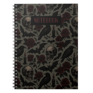 Gothic-Schädel, Krähen und Rosen-Muster Notizblock
