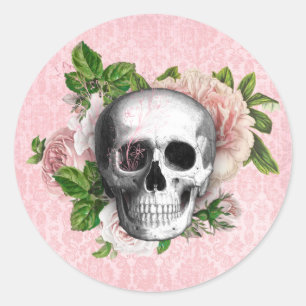 Gothic Schädel mit Rosen   Pink Halloween Runder Aufkleber