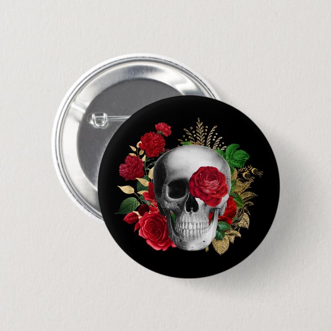 Gothic-Schädel mit roten Blumen und goldenen Blätt Button (Vorne & Hinten)