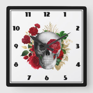 Gothic-Schädel mit roten Blumen und goldenen Blätt Quadratische Wanduhr