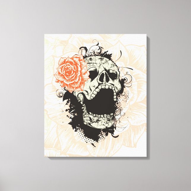Gothic-Schädel & orangefarbene Rose auf Leinwand (Vorderseite)