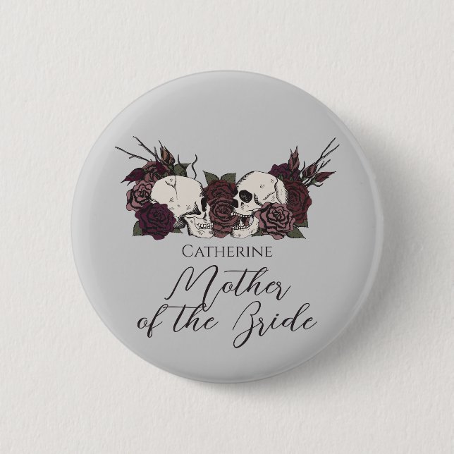 Gothic-Schädel & Rose Hellgraue Hochzeitsfeier Button (Vorderseite)