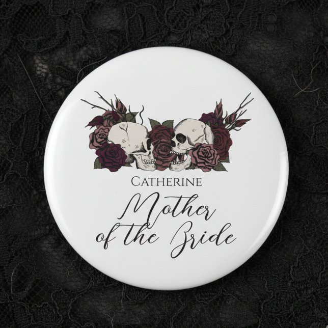 Gothic Schädel & Rosen Hochzeitsfeier Button (Elegant Gothic Wedding Buttons for Mother of the Bride or Bridesmaid. Gothic Wedding Party Buttons)